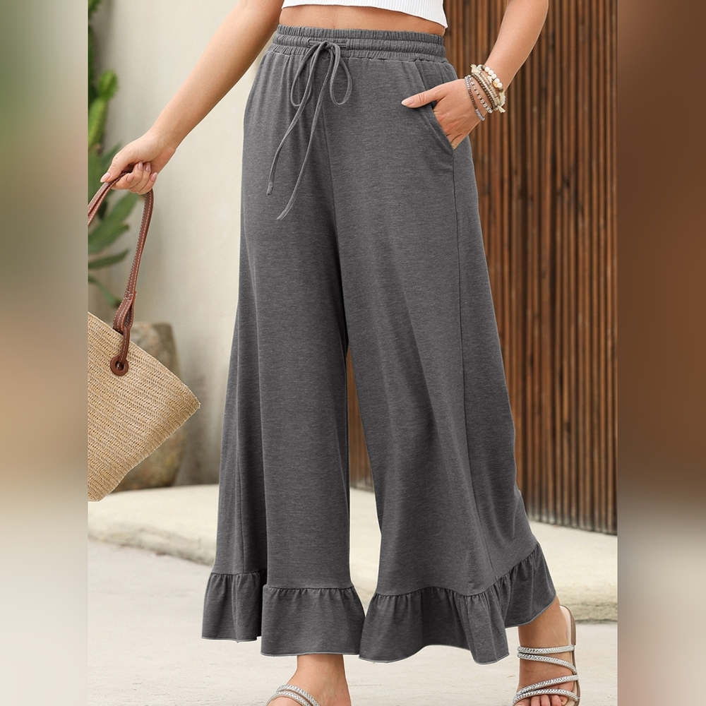 Women's Gray Wide-Leg Ruffle Hem Pants